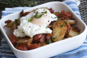 Sweet Potato, Chard and Turkey Sausage Hash With Poached Eggs
