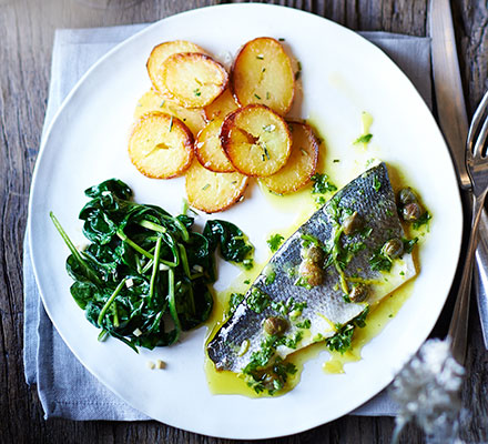 baked sea bass with lemon and caper dressing