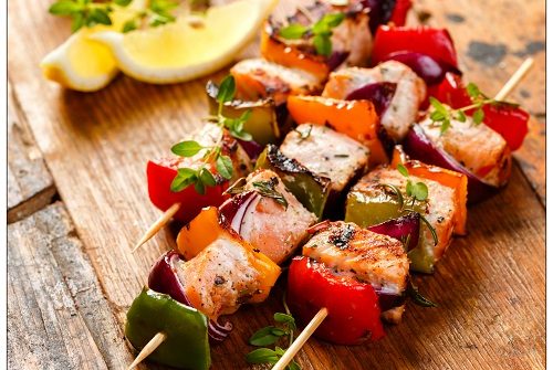 Baked Salmon and Vegetable Skewers
