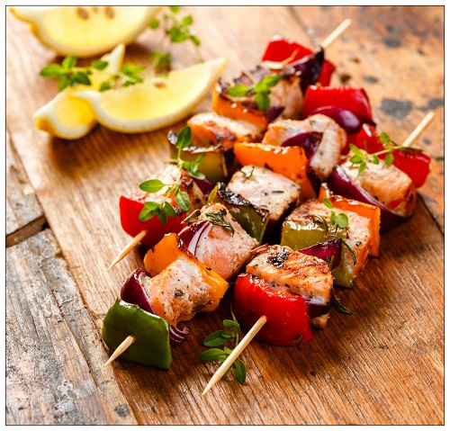 Baked Salmon and Vegetable Skewers